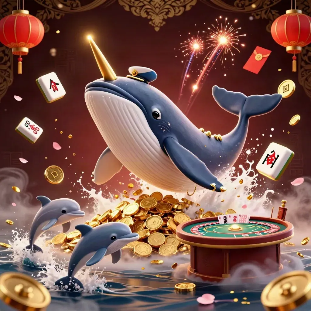 Whale captain, narwhal, and dolphins burst through coins with casino glow