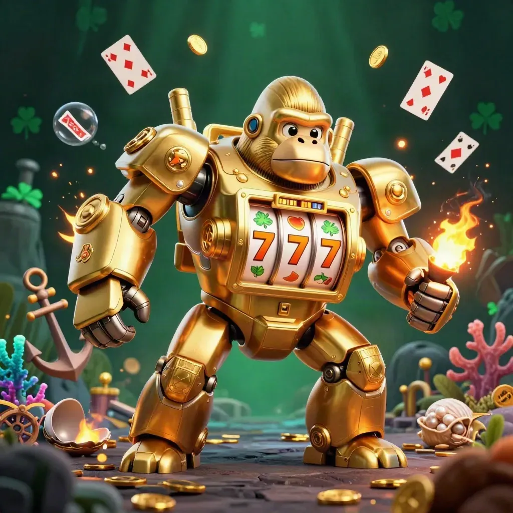Golden gorilla slot-mech with monkey pilot, treasure cove chaos, coins, coral, and glowing reels
