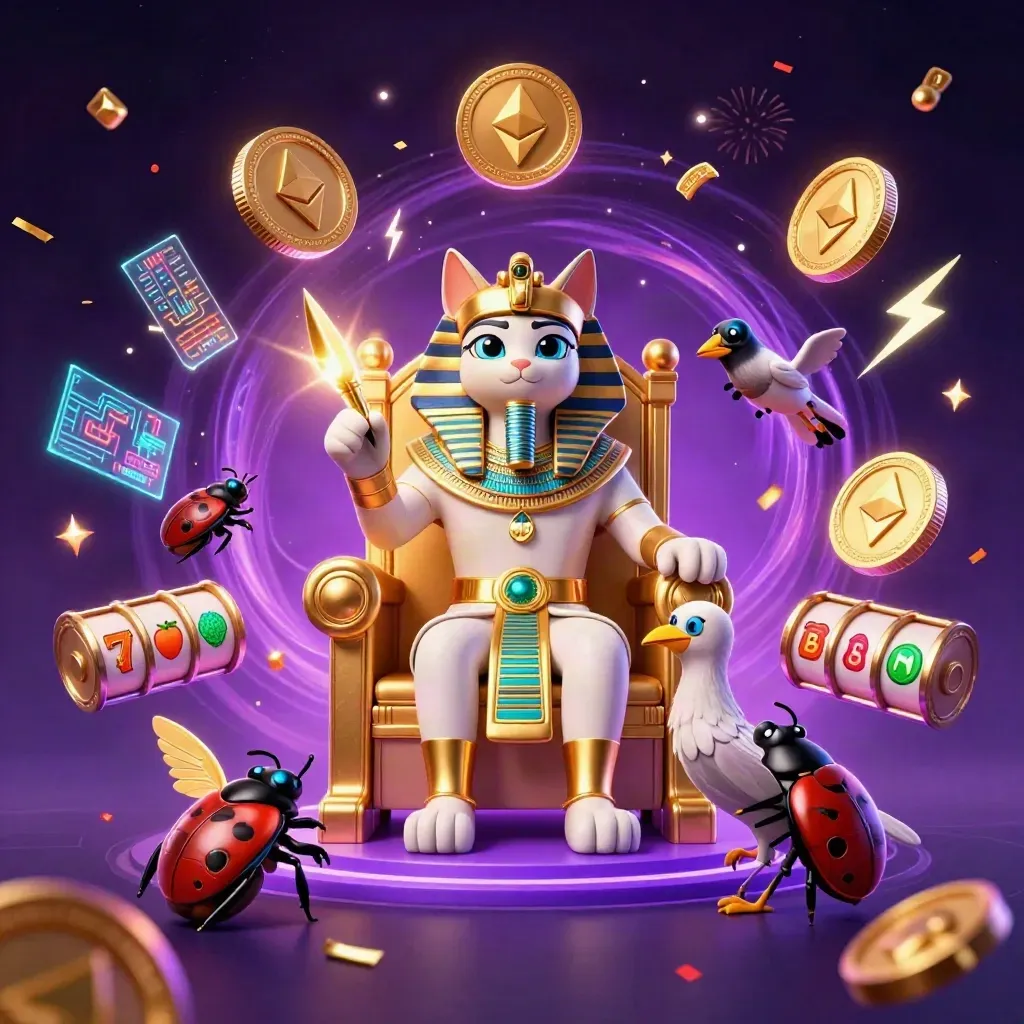 Pharaoh cat on throne with ibis scribe, scarab beetles, casino coins, lightning, and slot symbols.