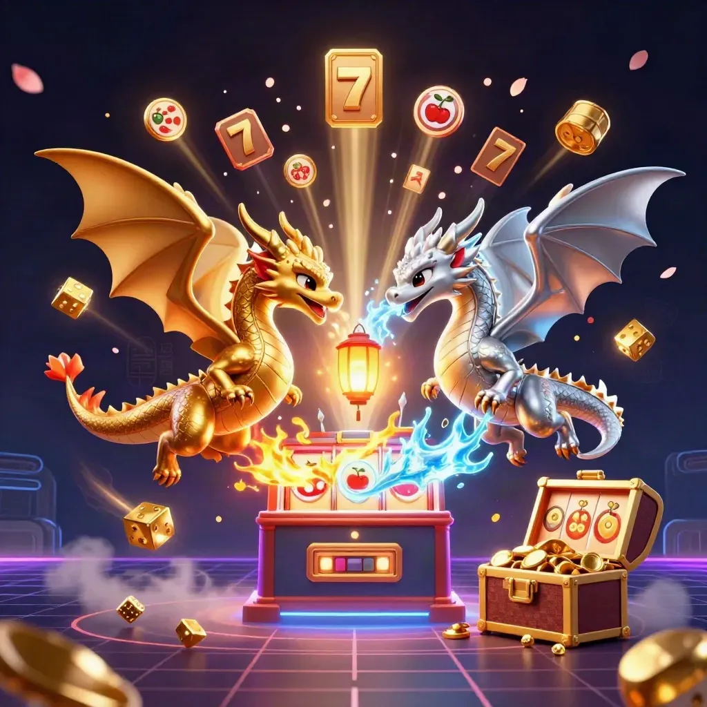 Two intertwined dragons unleash fire and ice around a bursting slot machine and treasure glow.