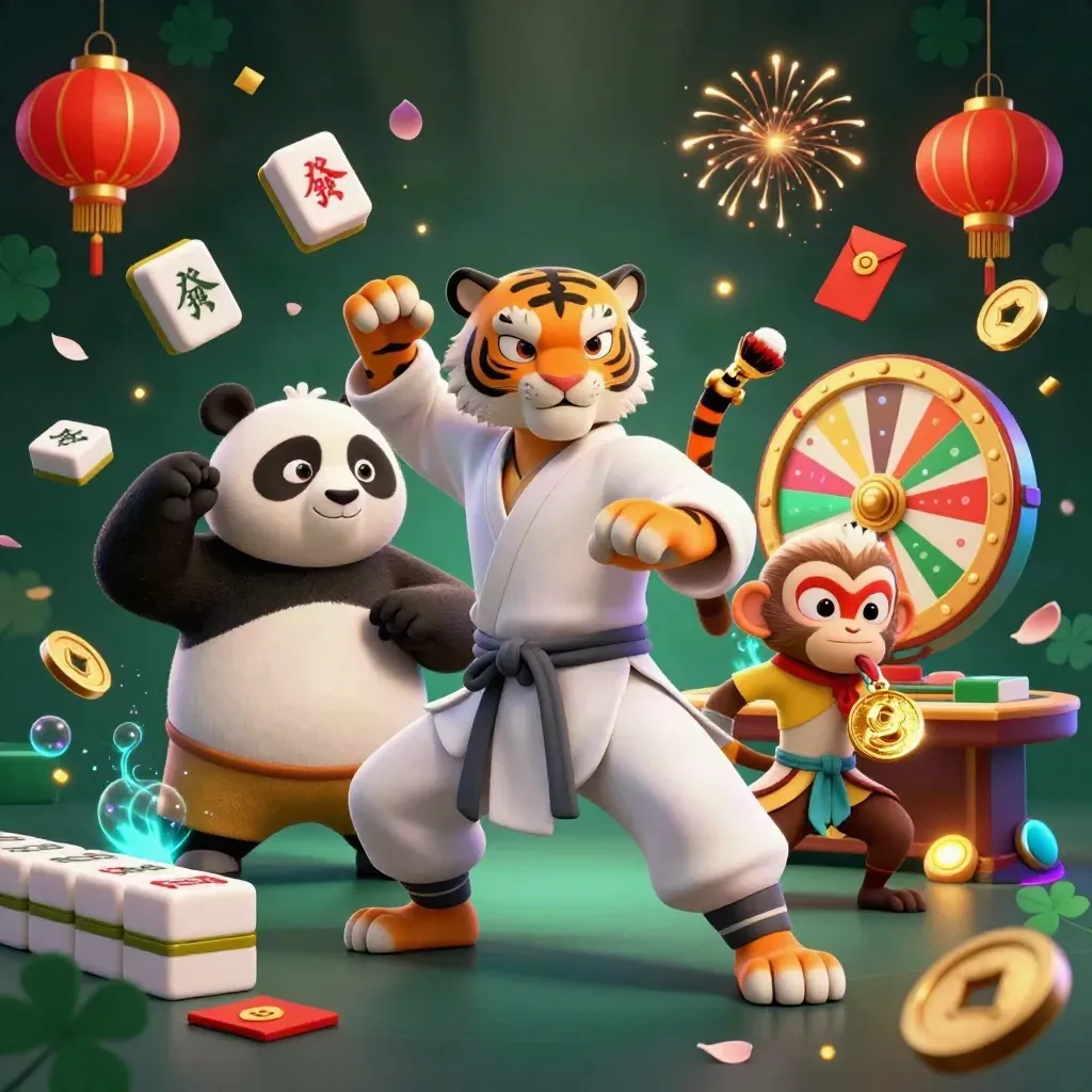 Kung-fu tiger, panda, and monkey amid neon casino symbols and gold light.