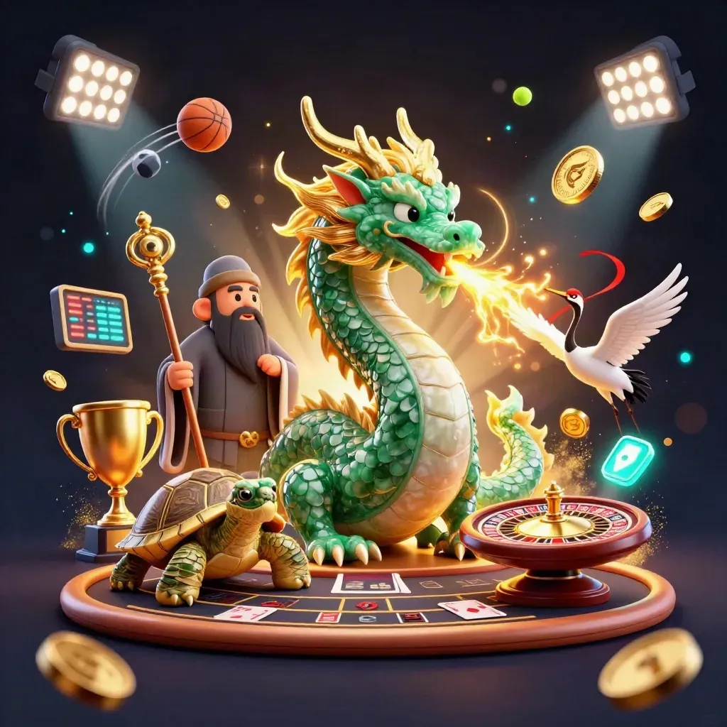 Emerald dragon, turtle sage, and cranes amid casino gold, fire, balls, coins, and neon glow