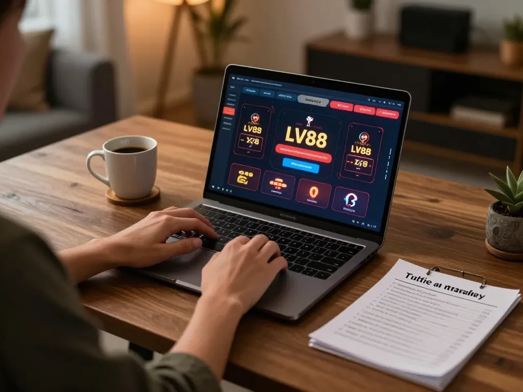 Player engaging with LV88 online casino on laptop, illustrating responsible gaming in a cozy home setup.