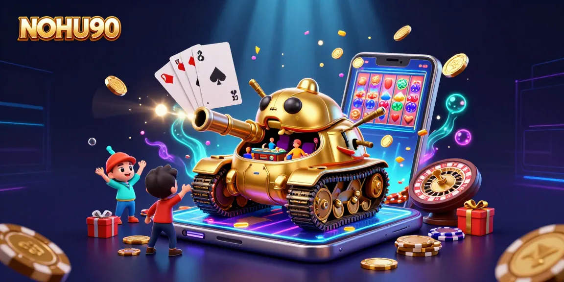 NOHU90 presents a dynamic casino scene with a golden beetle tank and vibrant gaming elements.