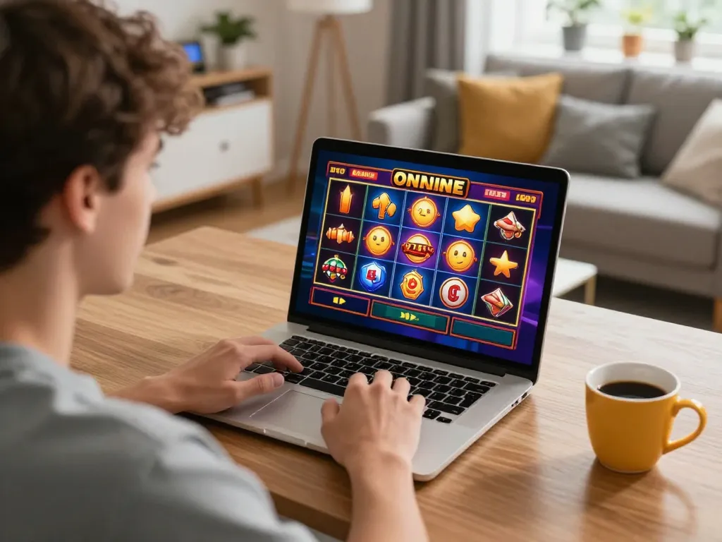 Luckywin player enjoying online slots game on laptop in a cozy home setting.