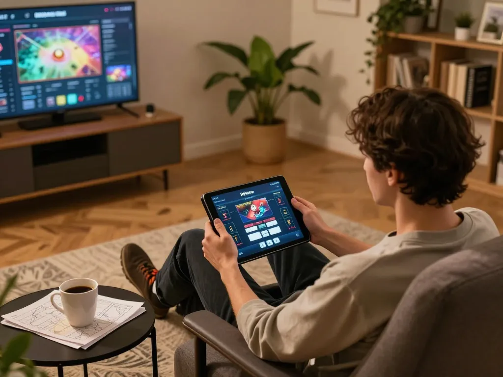 Engaging with llwin Download on a tablet in a cozy home gaming setup.