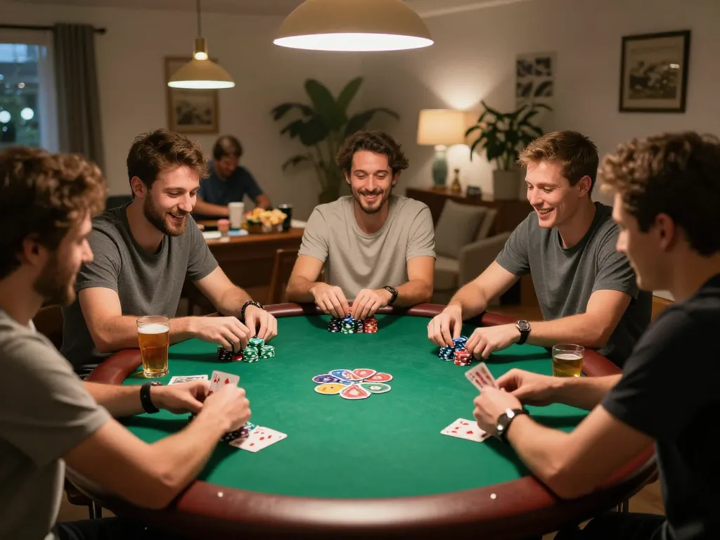 Engaging poker night scene showing friends playing game đánh bài đổi thưởng in a cozy home.