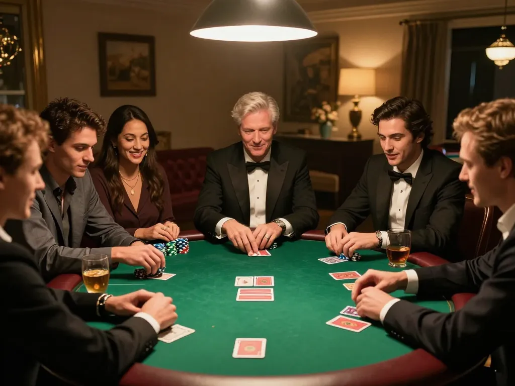 Fly88 players engaging in a friendly poker game with chips and cards on the table, showcasing excitement and strategy.
