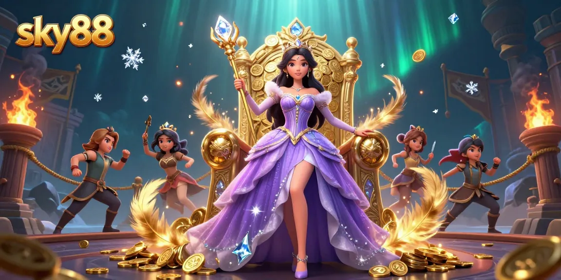 Engage in sky88 gaming with a majestic Asian princess amidst golden glory and thrilling casino elements.