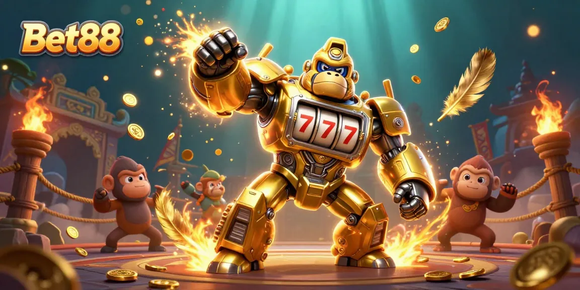 Bet88 excitement as a golden gorilla mech bursts with coins amid vibrant casino elements.