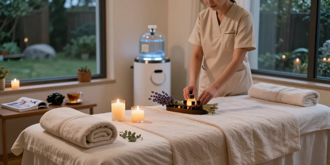 신림동출장마사지 therapist creating a tranquil home spa atmosphere with candles and essential oils.
