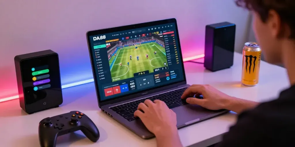 User playing on DA88 gaming platform with laptop and gaming accessories in a vibrant home setup.