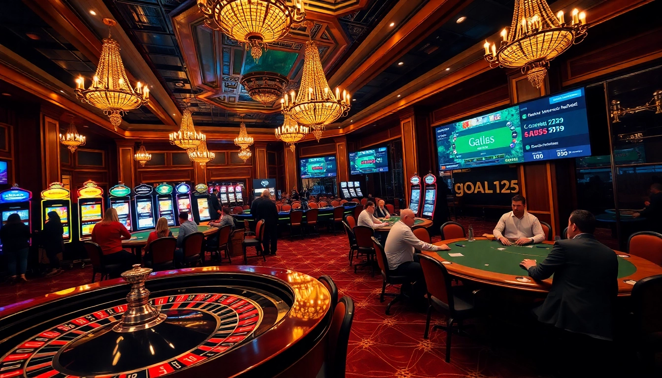 Players enjoying high-stakes games at https://goal123.work/ casino, with vibrant tables and professional dealers.