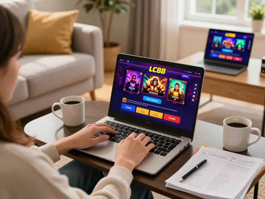 Engaging online gaming experience at LC88 with live dealer on smartphone and laptop.