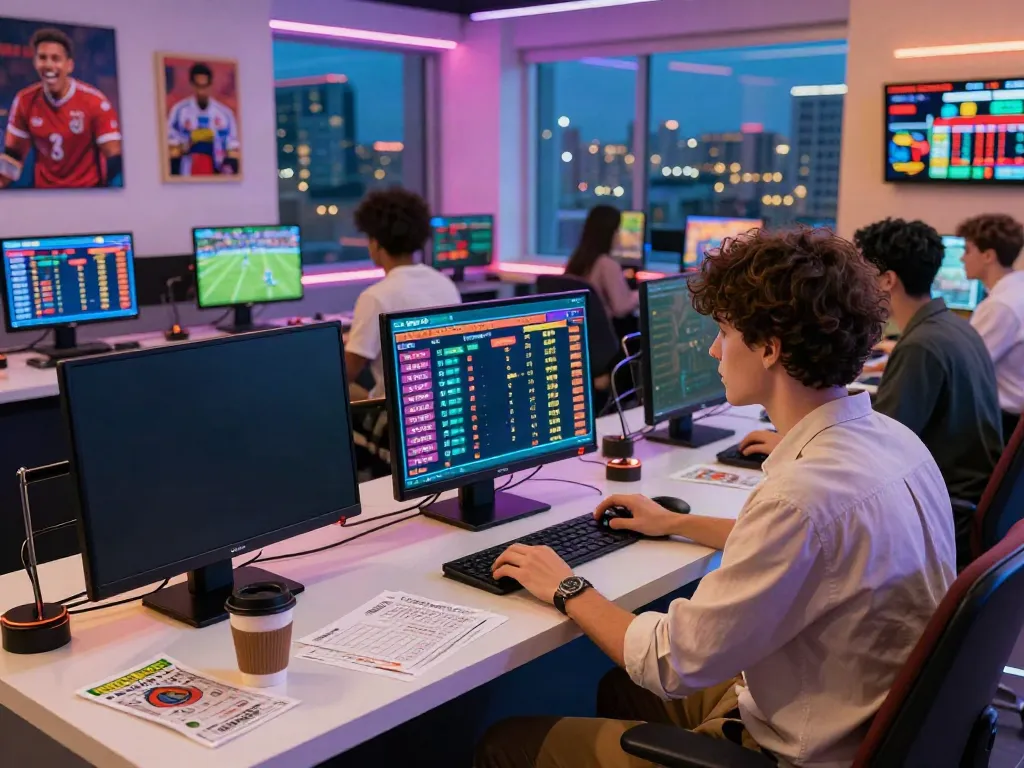 Dynamic online betting scene capturing sports enthusiasm at https://zbet.cymru/ with multiple screens and modern decor.