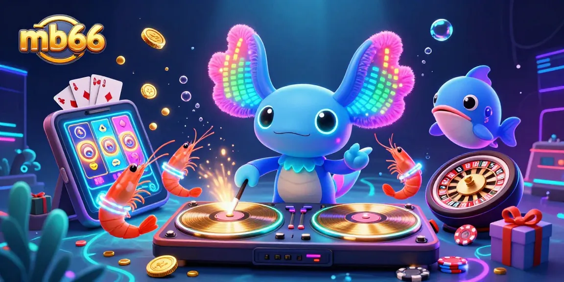 Spin the reels at mb66 with a vibrant axolotl DJ and lively gaming atmosphere in this underwater casino scene.
