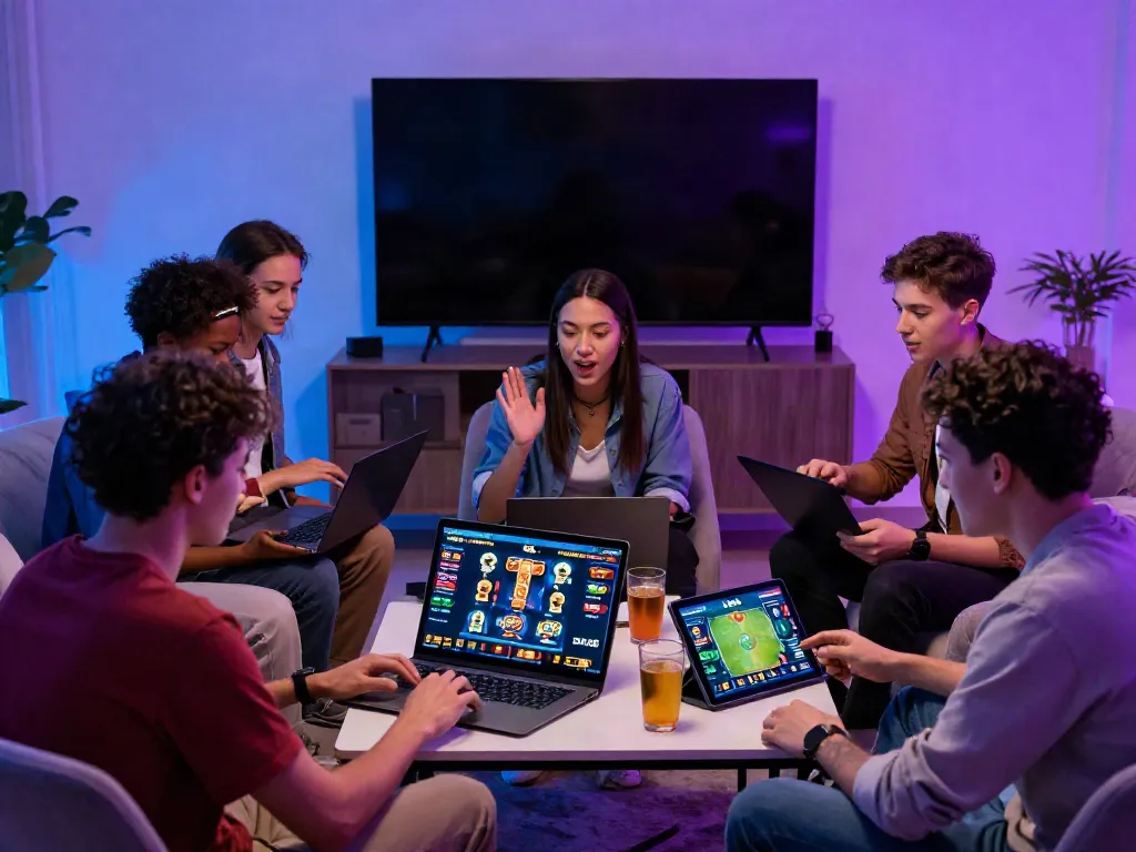 Engaged group of friends enjoying online gaming at 1da88.it.com in a vibrant living room setting.