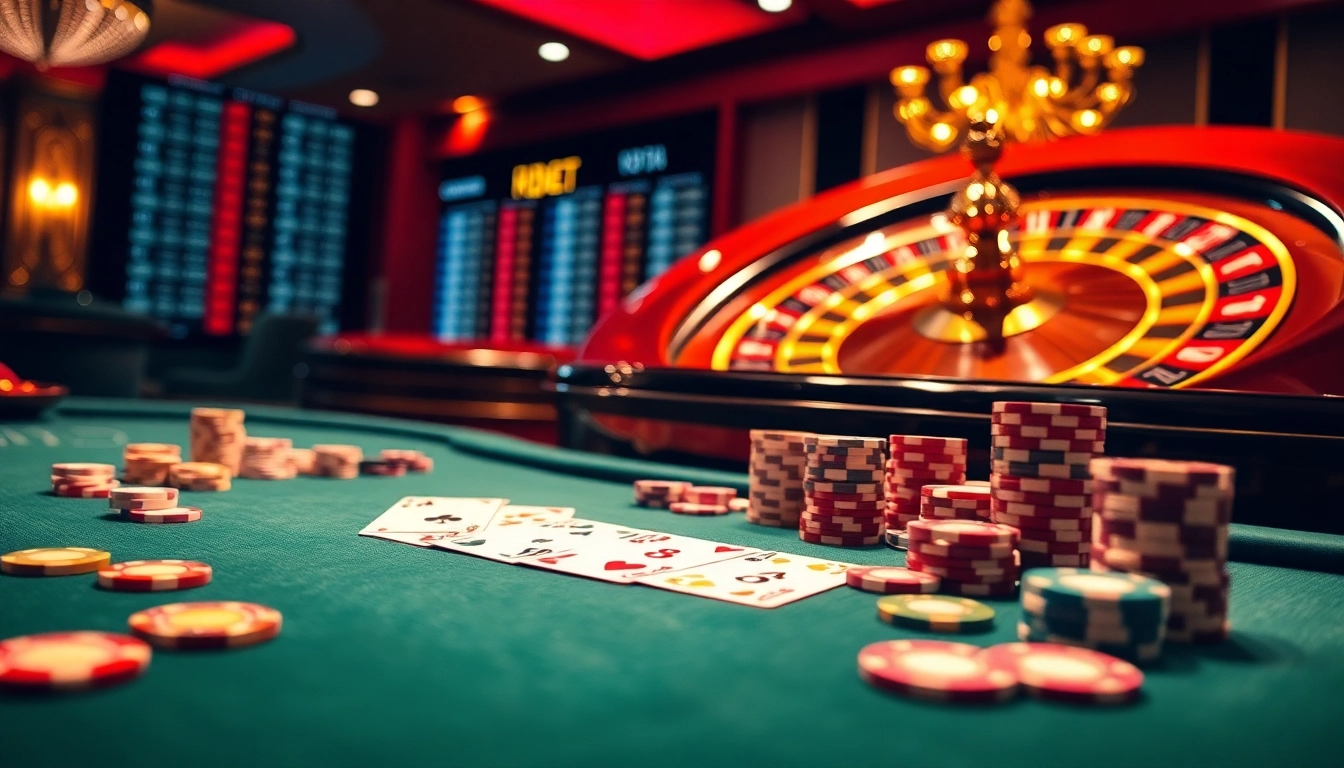 Engage in thrilling gaming at F8bet ventures with a vibrant casino scene showcasing poker and roulette.