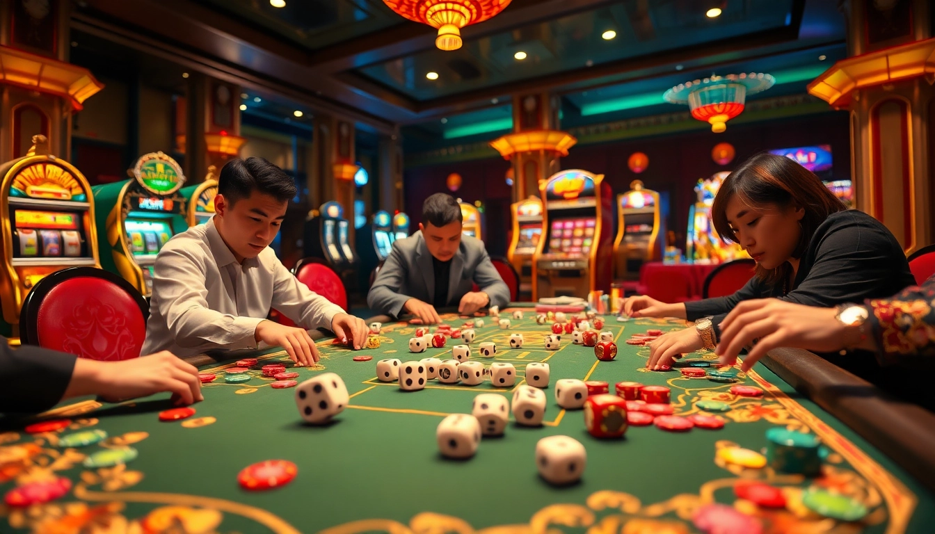 Play Tai Xiu with enthusiasm at a lively casino table filled with colorful chips and dynamic dice.