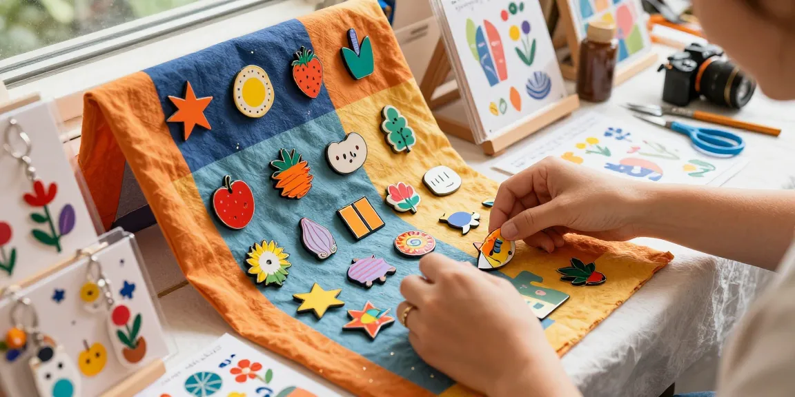 Custom acrylic pins showcased vibrantly in a designer's workspace for creative inspiration.