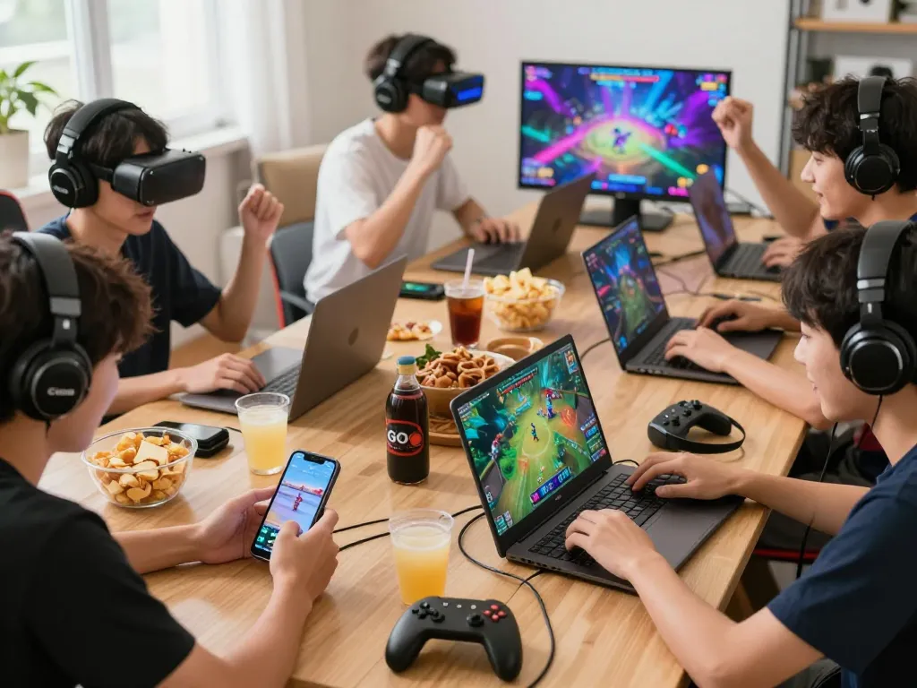 Players enjoying GO 88 gaming on multiple devices in a lively, colorful environment.