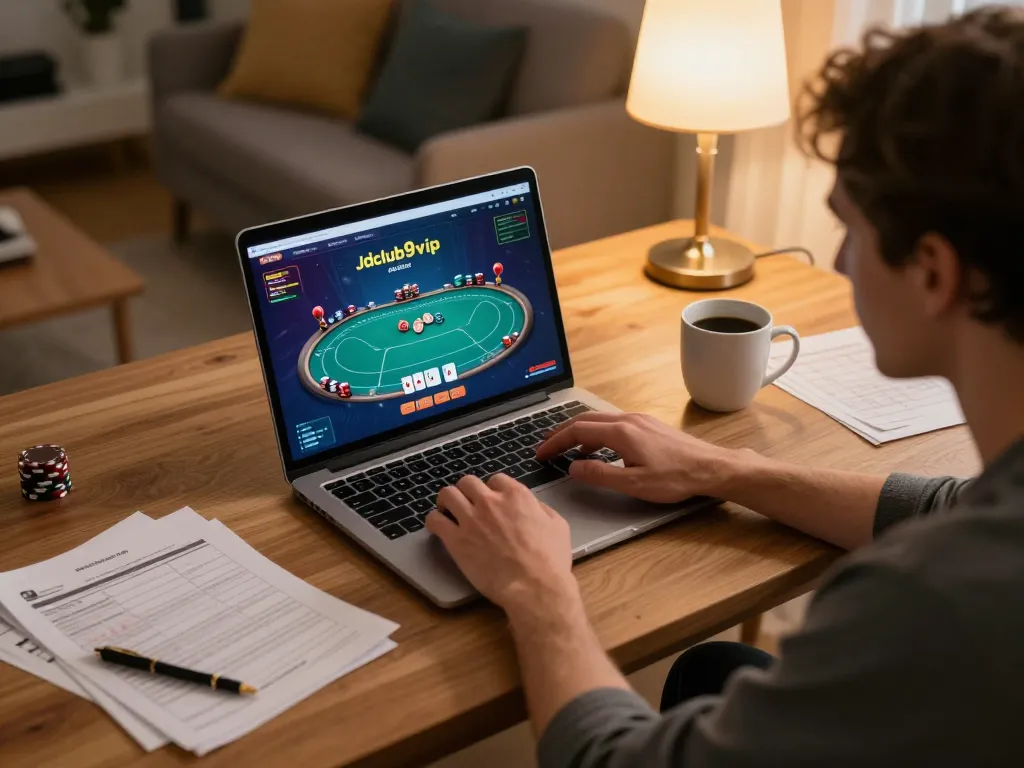 Engaged player exploring the Jdclub9vip online casino platform on a laptop during a cozy gaming session