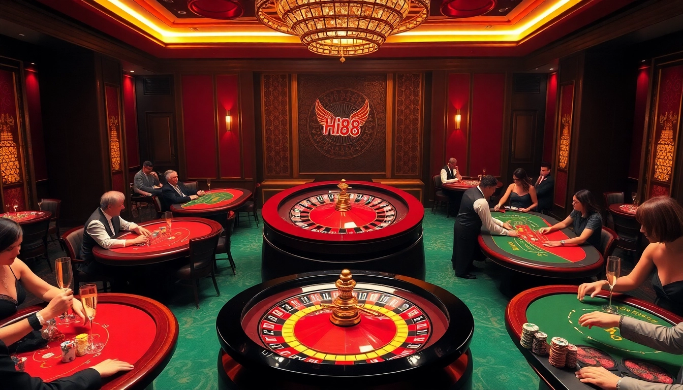 Experience the thrill of Hi88 at an elegant casino scene featuring roulette and Baccarat.