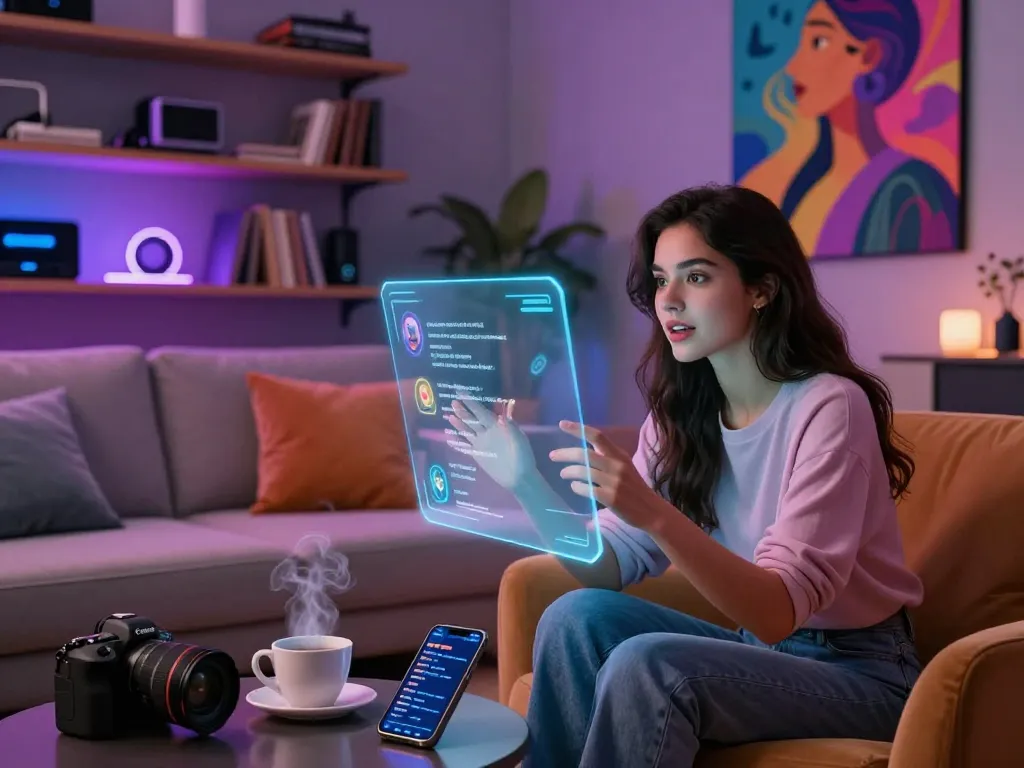 Engaging AI chat porn scene with a holographic interface and cozy digital lounge atmosphere.