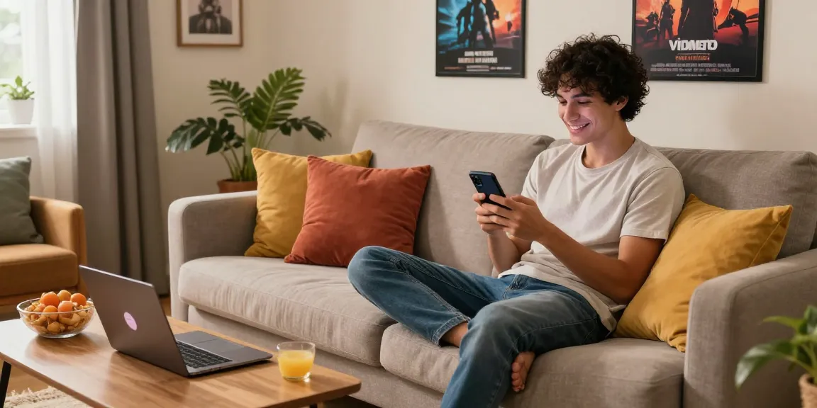 Individual exploring Vidmate APK on smartphone in a cozy living room.