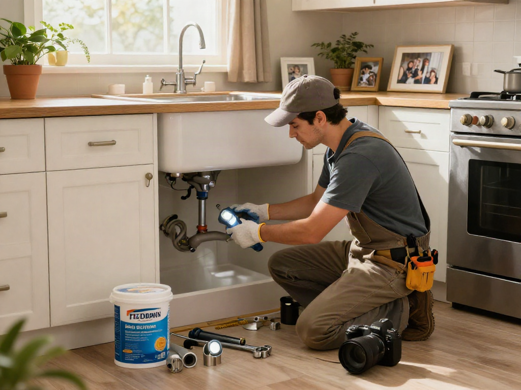 Expert home repair services Des Moines Iowa in a cozy living room with a contractor fixing plumbing under the sink.