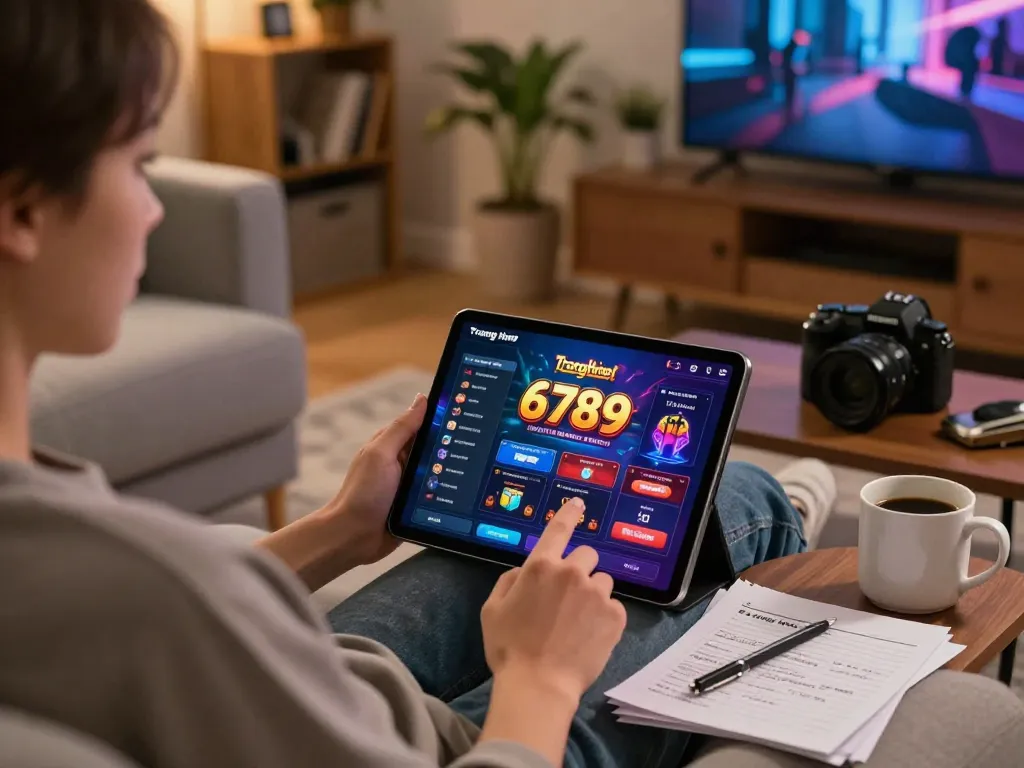 Engaging with the Trang chủ 6789 casino app on a tablet in a stylish home setting.