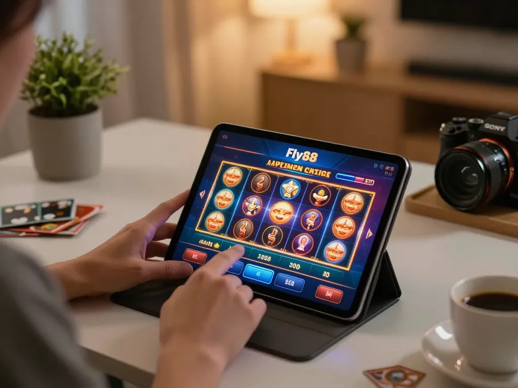 Engaging gameplay on Fly88 casino app at stylish home desk, user strategizing for better odds