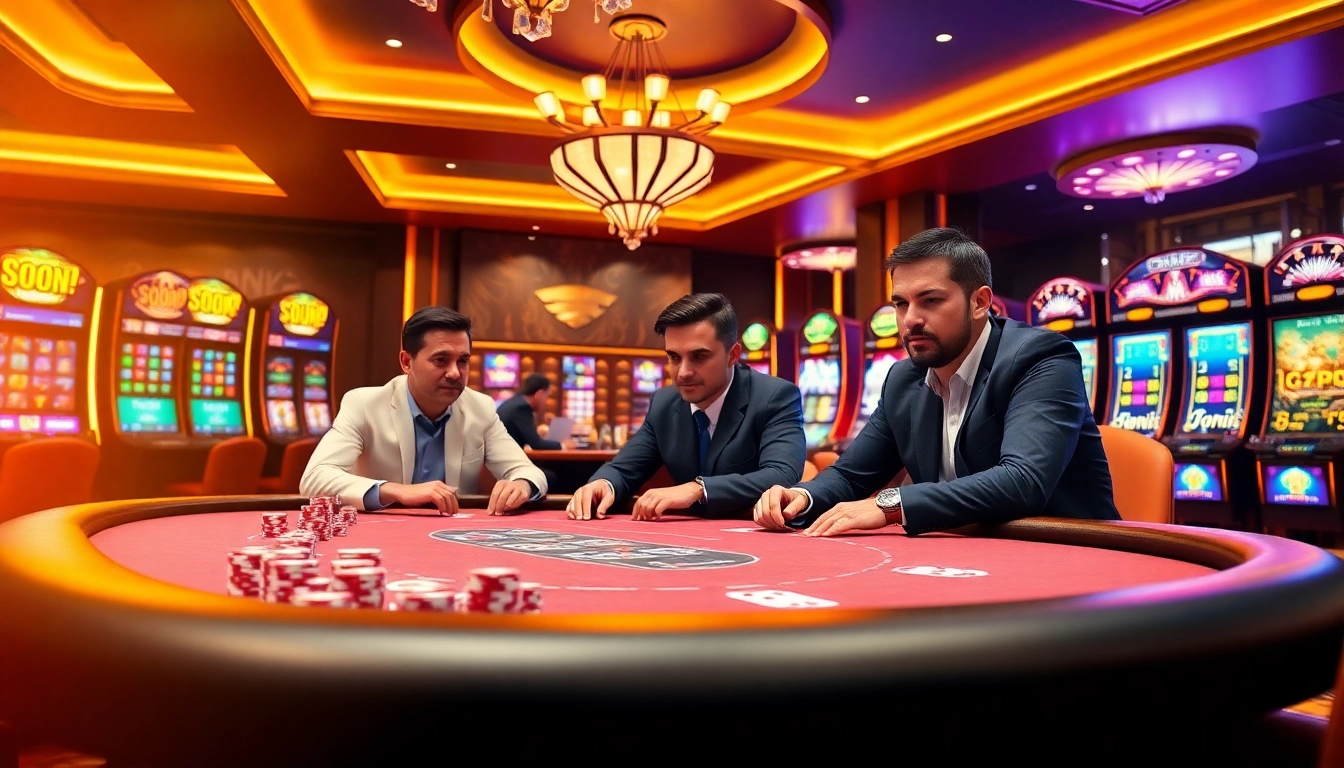 Excited poker players at a luxurious online casino scene inspired by 32win.reviews.