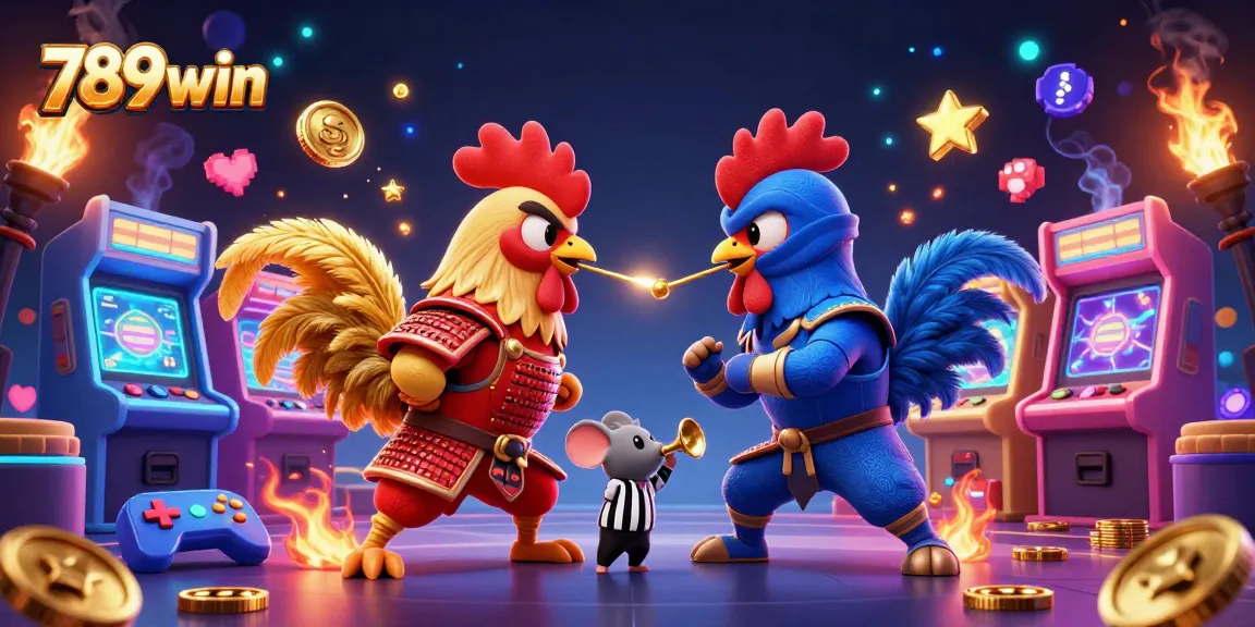 Engage with the action of 789win as fighting roosters face off amid dynamic casino game elements.