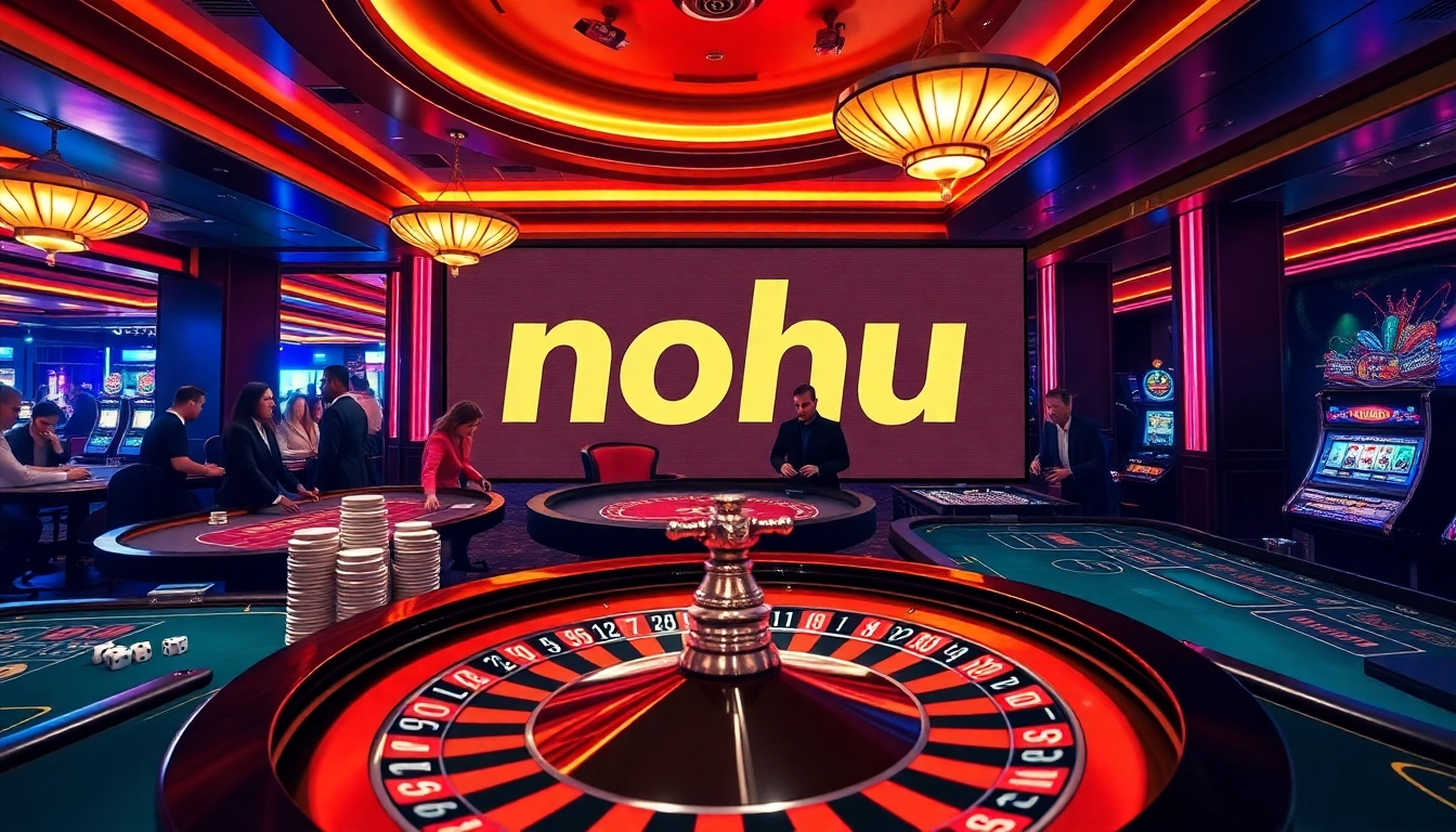 Nohu-themed casino scene highlighting a roulette wheel and lively players in a luxurious setting.
