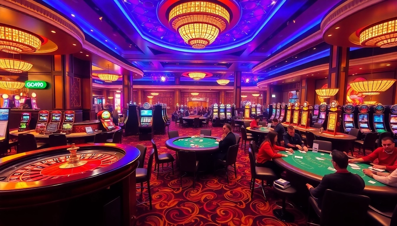 Experience the excitement of gambling at go99 casino with vibrant slot machines and a stunning roulette wheel.