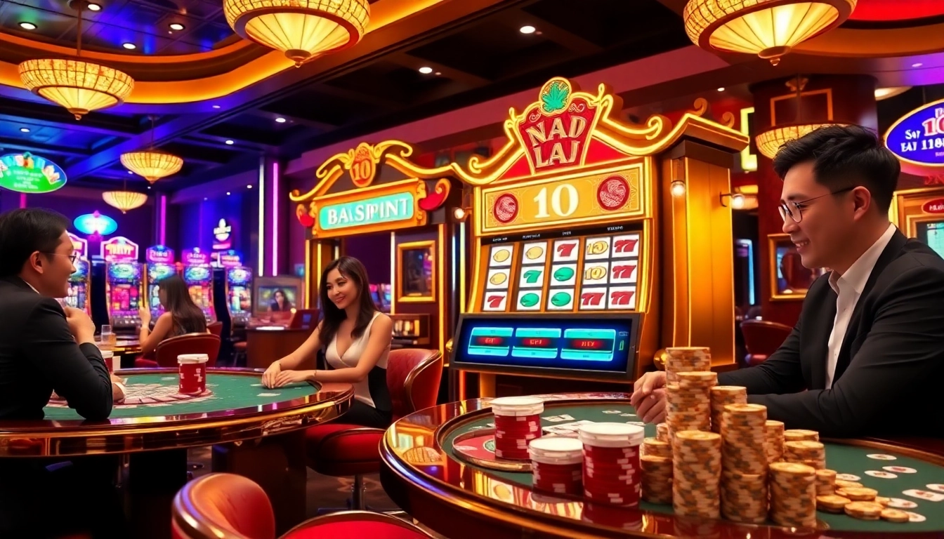 Engaging scene of a vibrant casino emphasizing nổ hũ slots with players winning big.