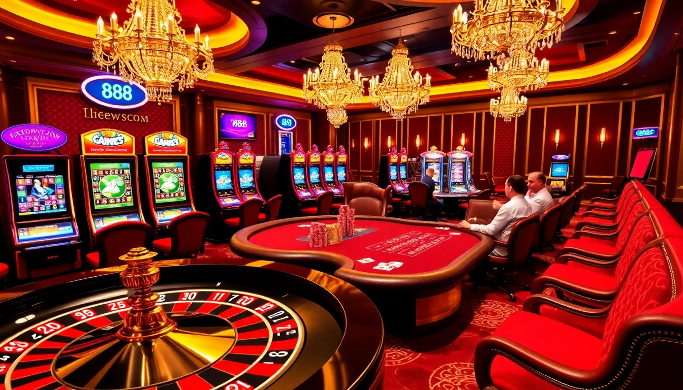 Players enjoying games at 888new com's luxurious casino, featuring roulette and poker tables.