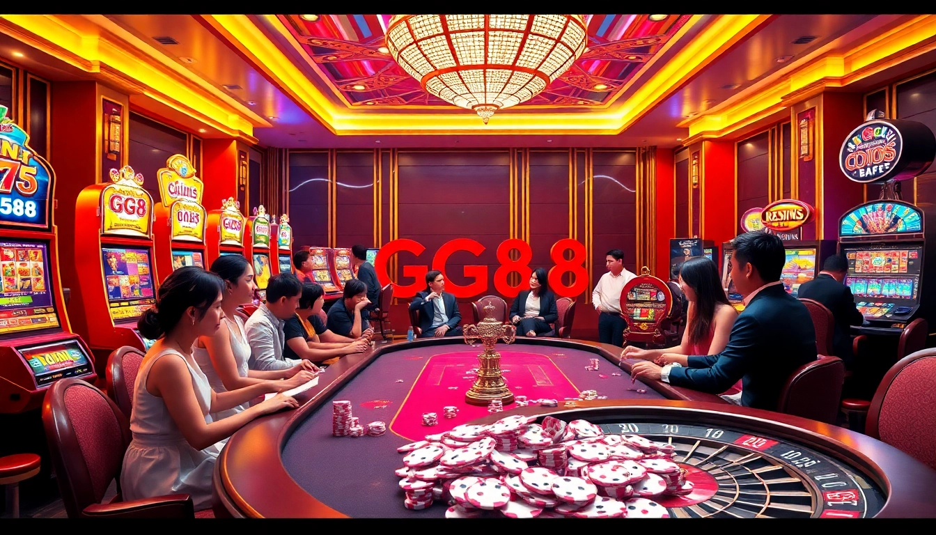 Witness GG88 players enjoying thrilling casino games with vibrant atmosphere and chips.
