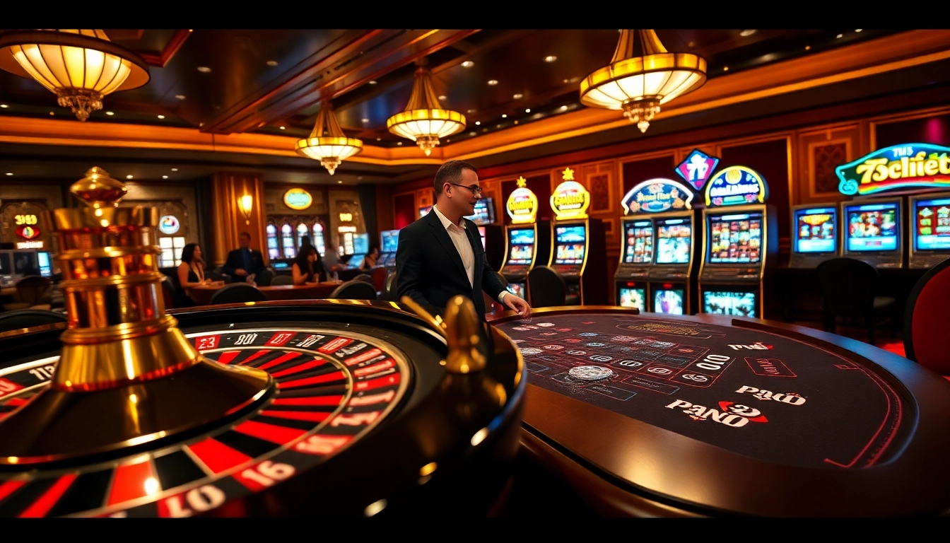 Experience the thrill of gambling with 789pet in a luxurious casino environment featuring roulette and blackjack tables.