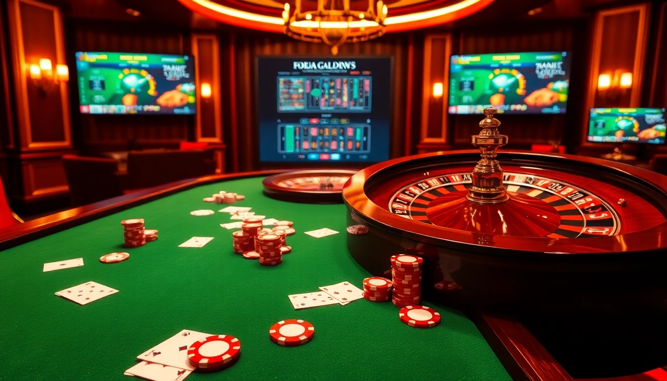 Experience thrilling gambling action at https://rr88a.us.com/ with vibrant poker chips and a spinning roulette wheel.