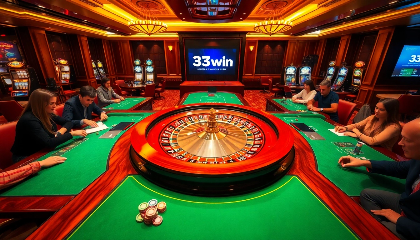 Players enjoying a thrilling roulette game at 33win's luxurious casino floor.