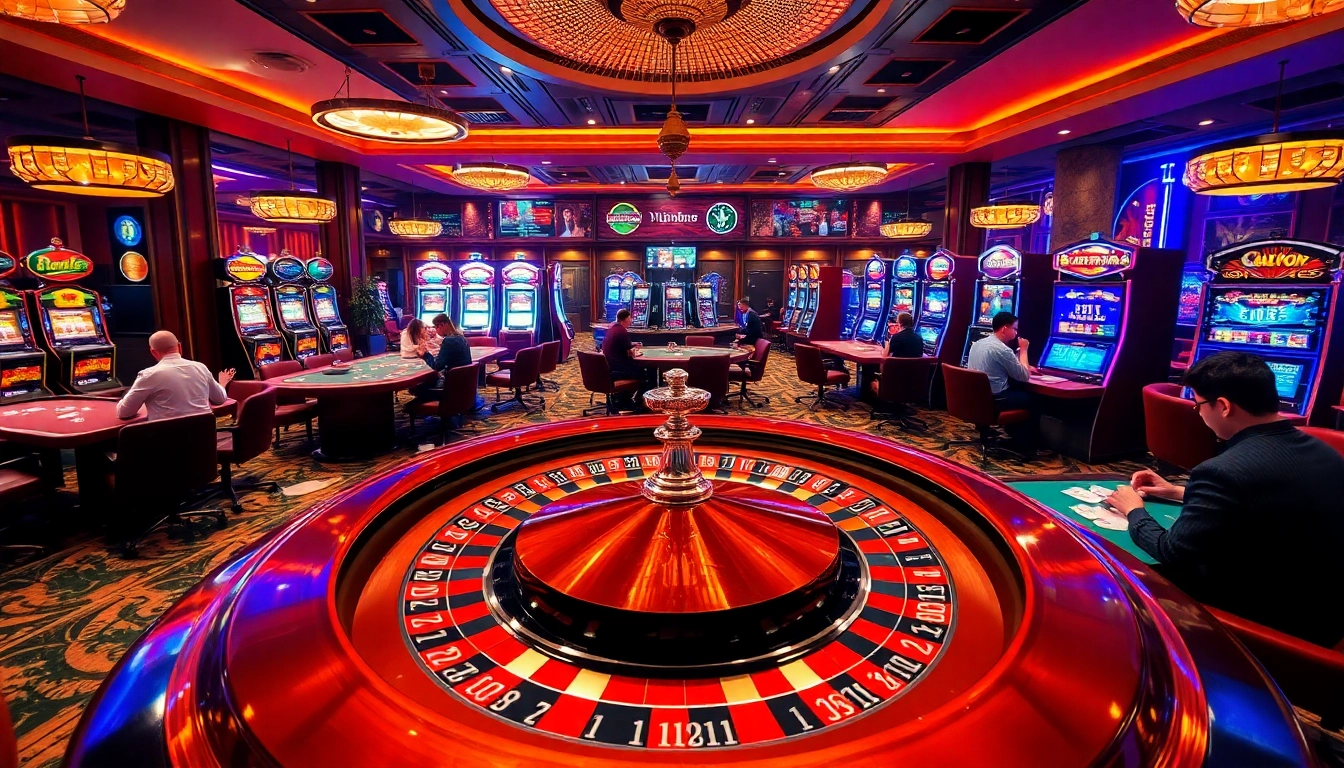 Experience thrilling gameplay at https://rr8888.in.net/ with a lively casino showcasing players at roulette and high-end slot machines.
