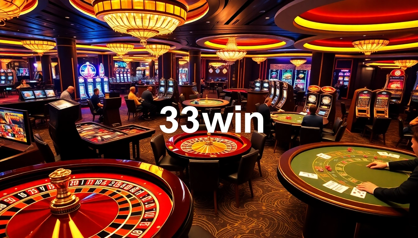 Experience the exciting world of 33win with vibrant casino games and players engaged in thrilling action.
