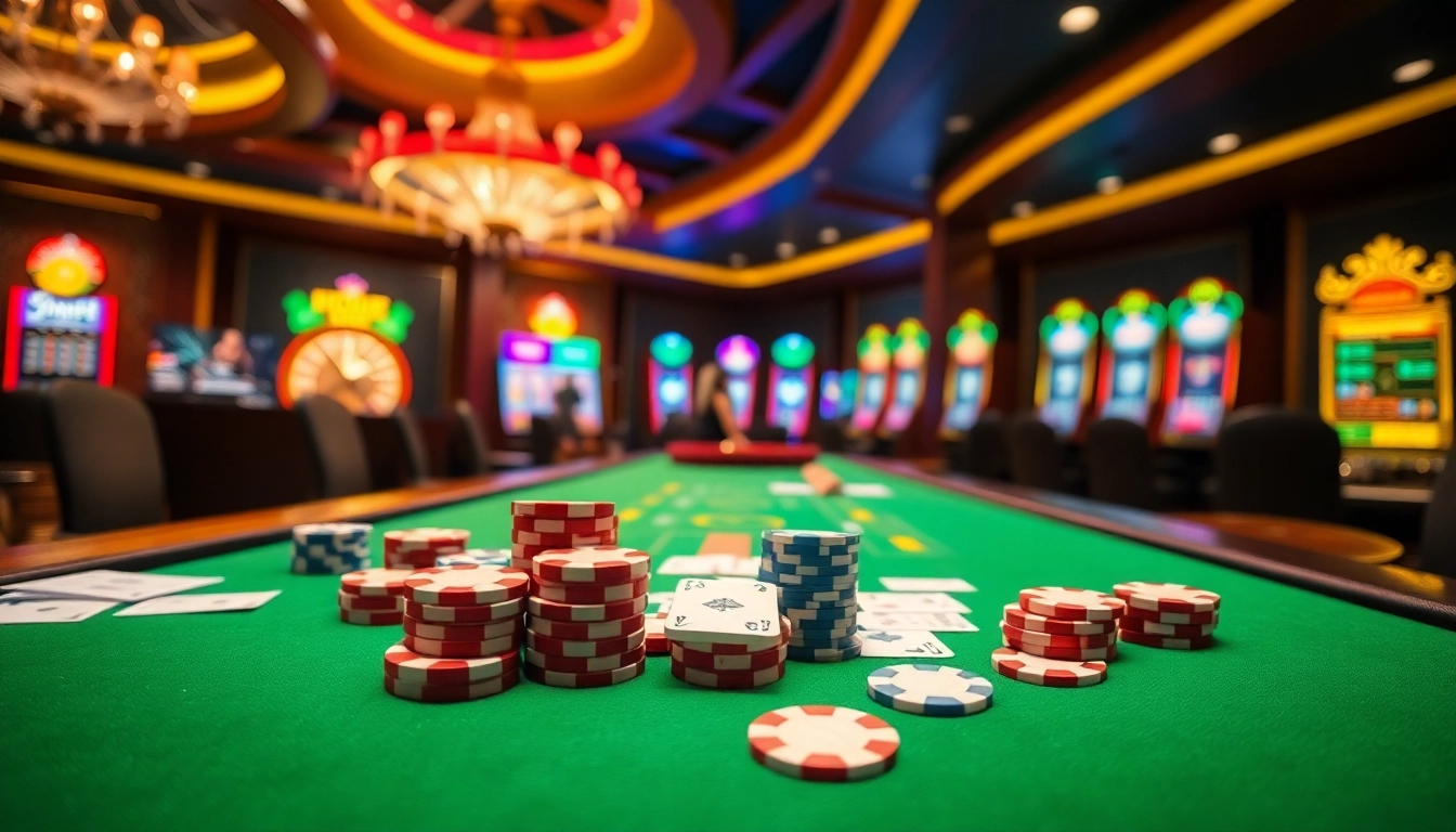 Engage with thrilling games at https://f8bet.io/ featuring vibrant casino elements, poker chips, and a roulette wheel.