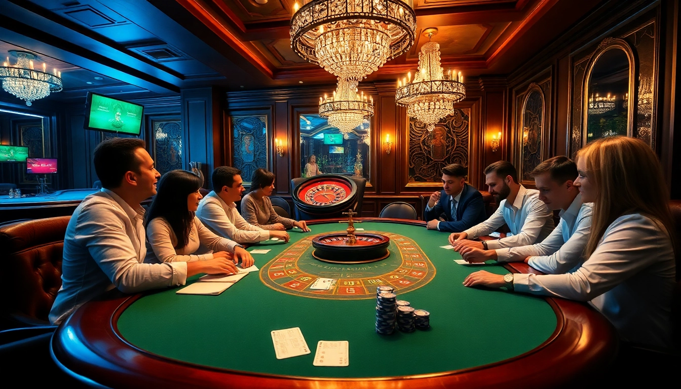 Players strategize at a thabet poker table amidst a luxurious casino ambiance.