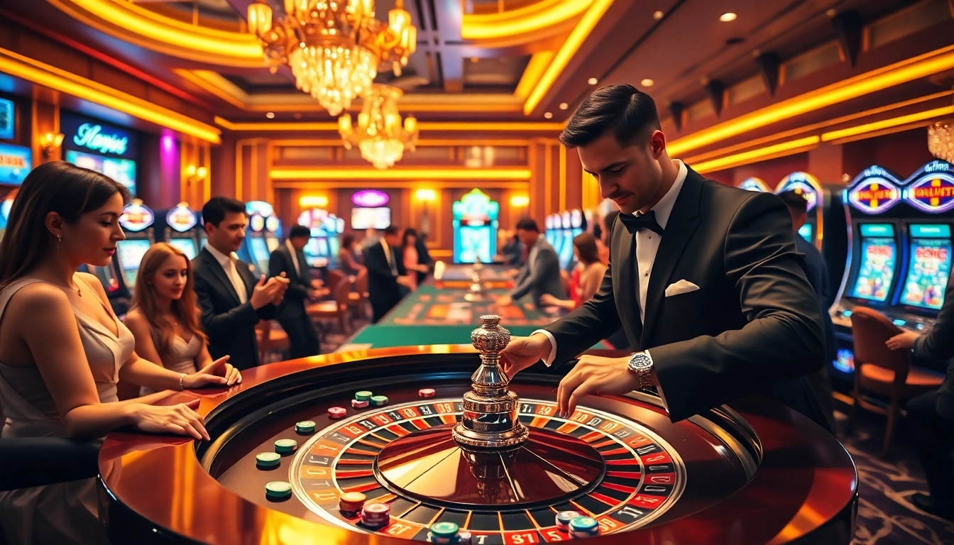 Experience excitement at https://9bet41.com/ with vibrant casino tables and eager players spinning roulette.