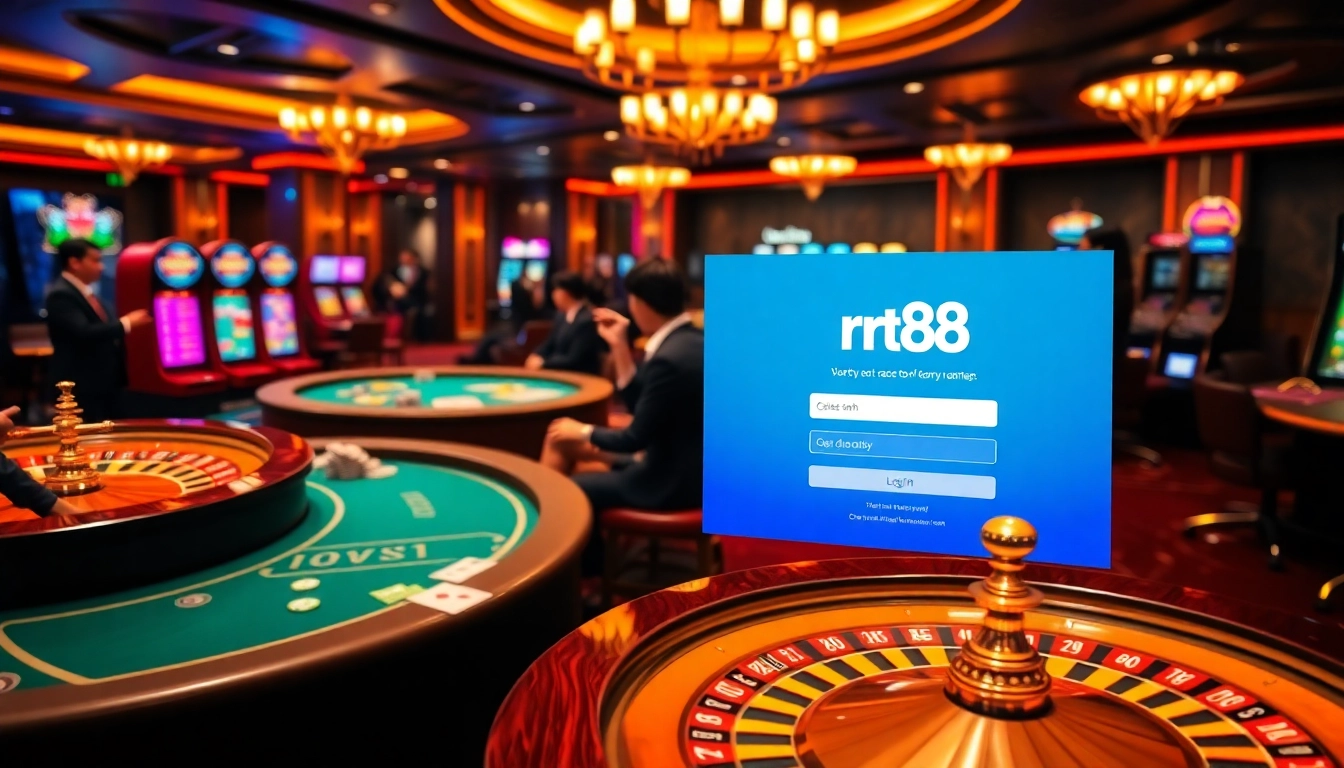 rr88 | đăng nhập interface highlighted among enthusiastic gamblers at a luxury casino setting.