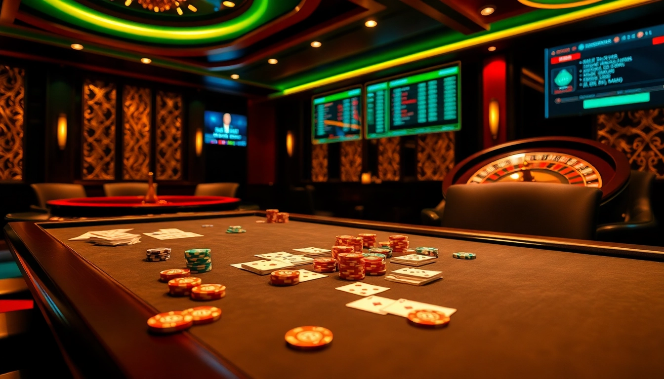 Engaging scene of nhà cái mi88 with a casino table and colorful poker chips.