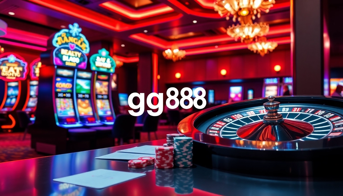 Casino gaming scene featuring gg88 online interface, roulette wheel, and vibrant slot machines.